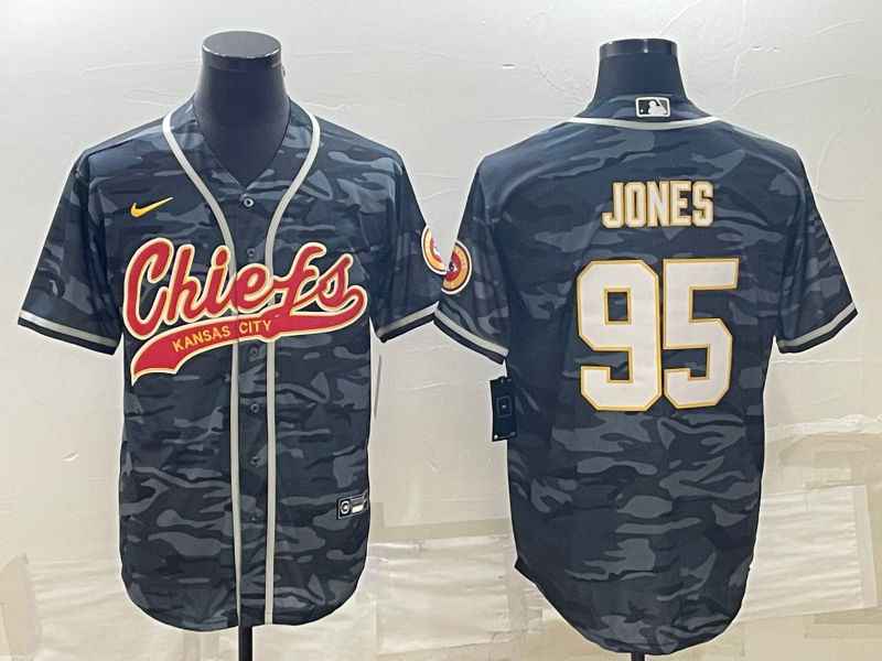 Men's Kansas City Chiefs #95 Chris Jones Grey Camo With Patch Cool Base Stitched Baseball Jersey